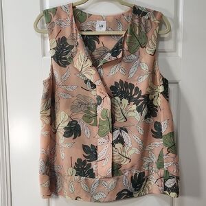 Cabi Tropical Leaf Print Blouse - Peach and Green Medium